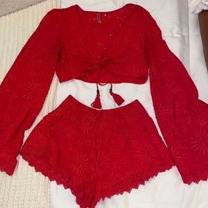 Red Eyelet Two Piece Set